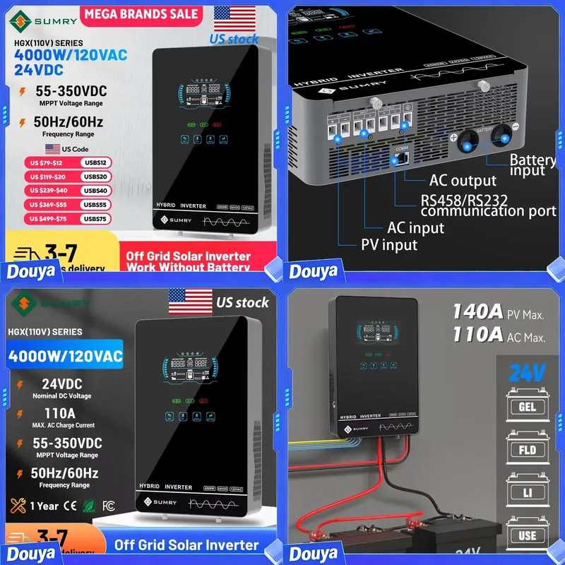 Pure Sine Wave Inverter - อินเวอร์เตอร์พลังงานแสงอาทิตย์แบบออฟกริด Sumry 4KW 120V พร้อมเครื่องชาร์จ MPPT